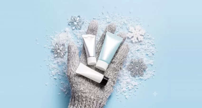 Pflegeprodukte auf einem Strickhandschuh mit Schneeflocken