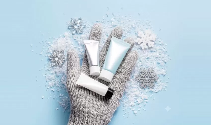 Pflegeprodukte auf einem Strickhandschuh mit Schneeflocken